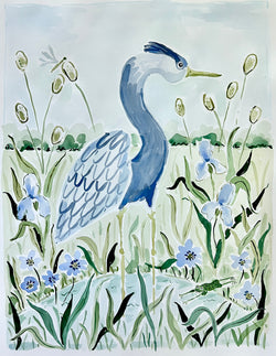 Blue Heron Garden , Original 18x24 Watercolor