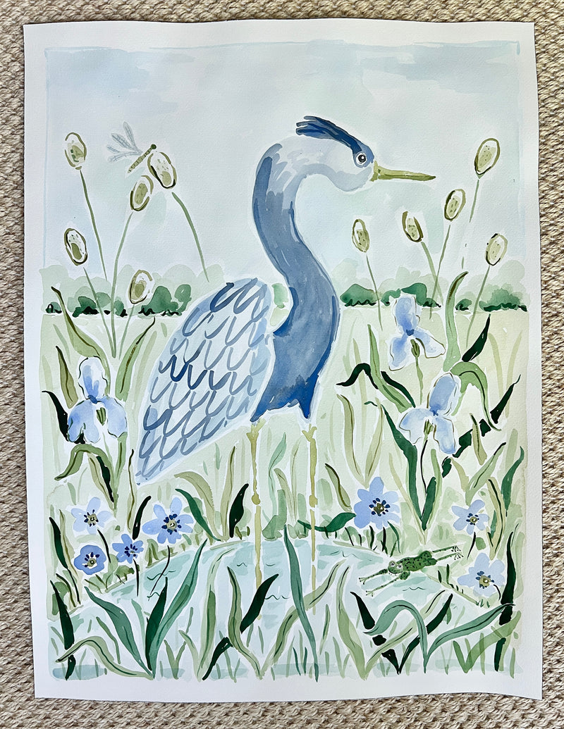 Blue Heron Garden , Original 18x24 Watercolor