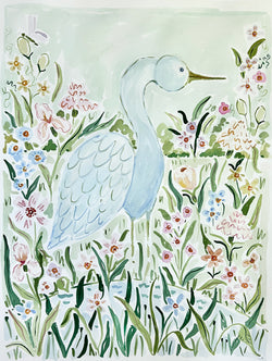 Egret in the Wildflowers, Original 18x24 Watercolor