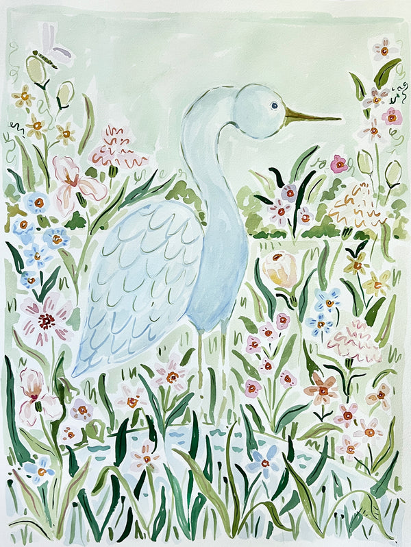 Egret in the Wildflowers, Original 18x24 Watercolor