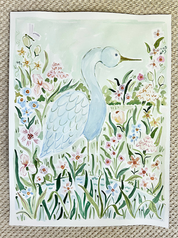 Egret in the Wildflowers, Original 18x24 Watercolor