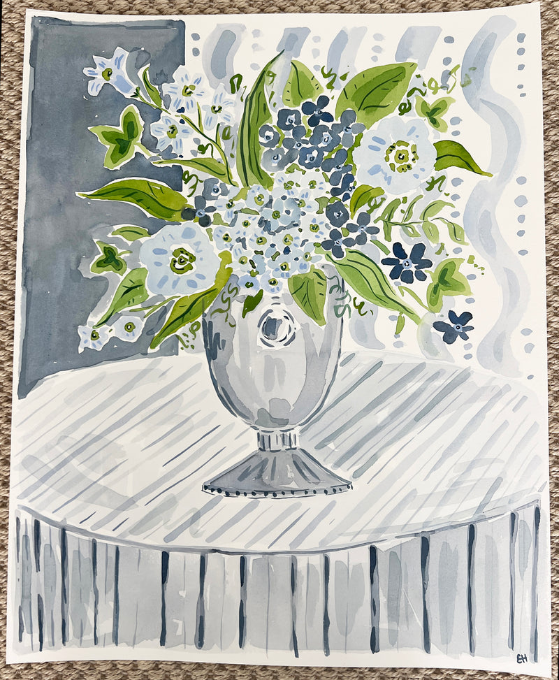 God Bless America, Flower Tablescape Series, Original 16x20 Watercolor