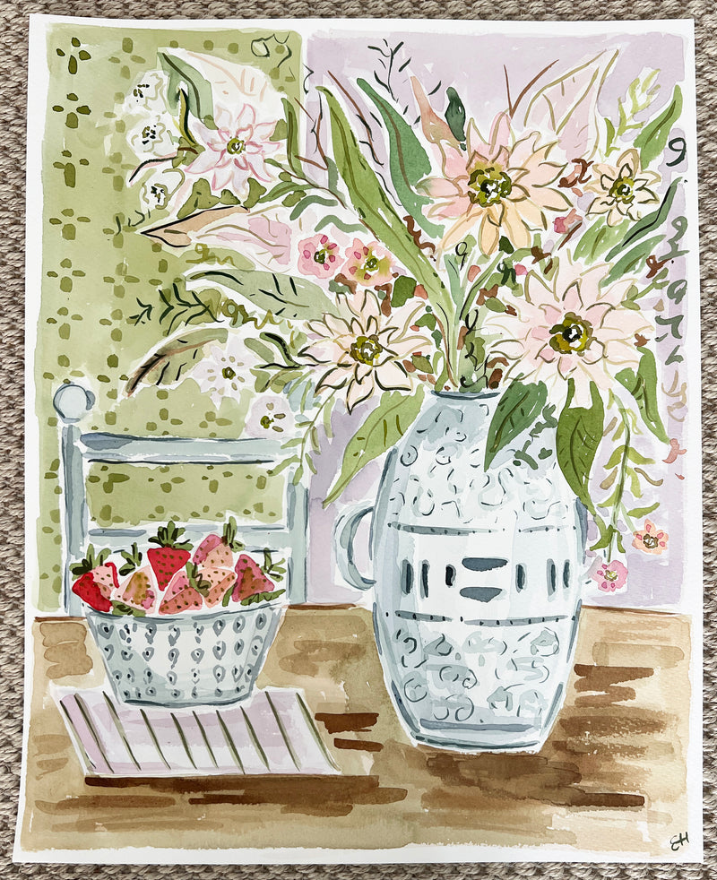 Breakfast with the Tooth Fairy, Flower Tablescape Series, Original 16x20 Watercolor