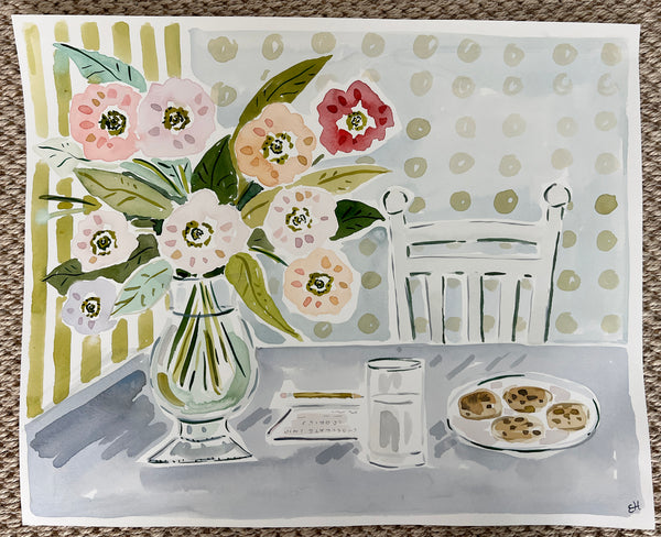 Cookies at Mimi's, Flower Tablescape Series, Original 16x20 Watercolor