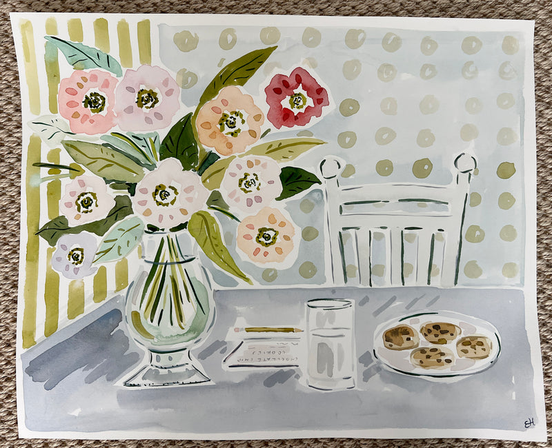 Cookies at Mimi's, Flower Tablescape Series, Original 16x20 Watercolor