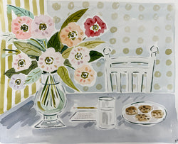 Cookies at Mimi's, Flower Tablescape Series, Original 16x20 Watercolor