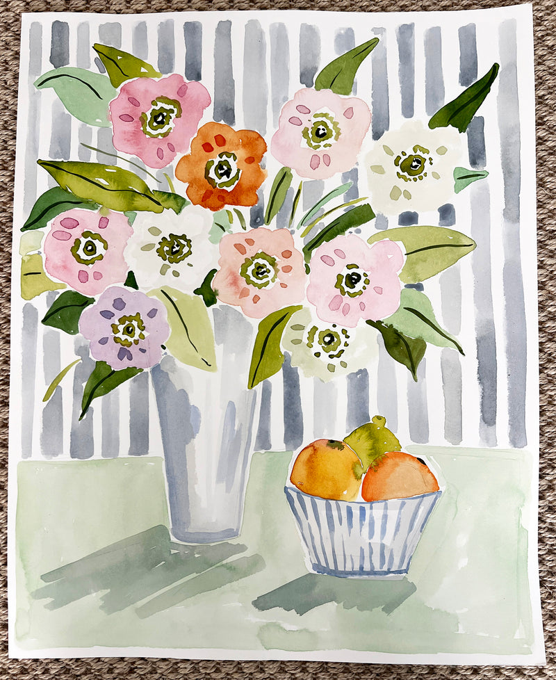 Elbows off the Table, Flower Tablescape Series, Original 16x20 Watercolor