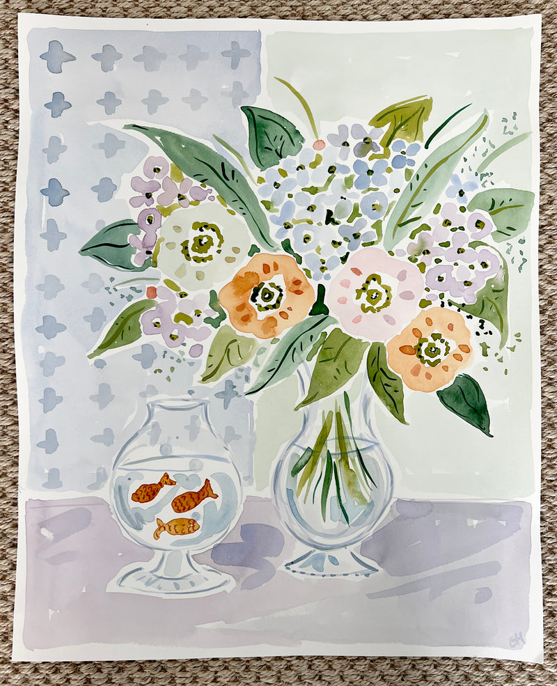 Jackie's Aquarium, Flower Tablescape Series, Original 16x20 Watercolor