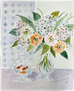 Jackie's Aquarium, Flower Tablescape Series, Original 16x20 Watercolor