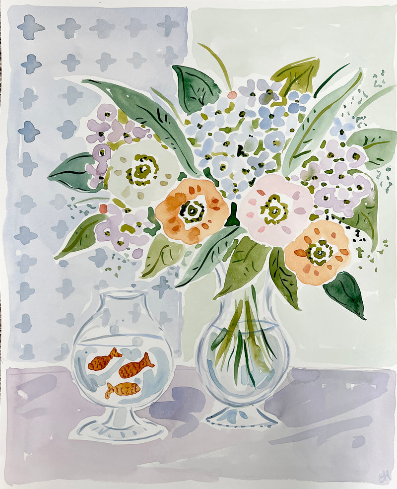 Jackie's Aquarium, Flower Tablescape Series, Original 16x20 Watercolor