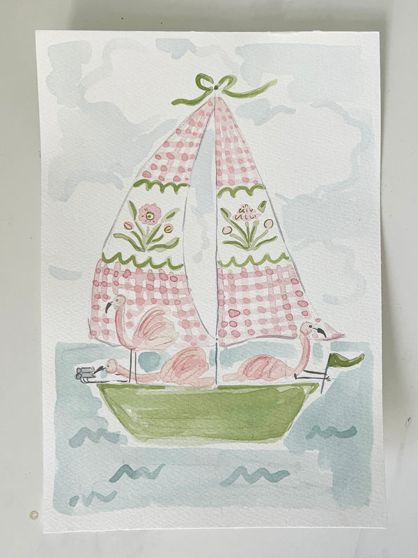 Sailboat Menagerie Flamingos, Original 7x10