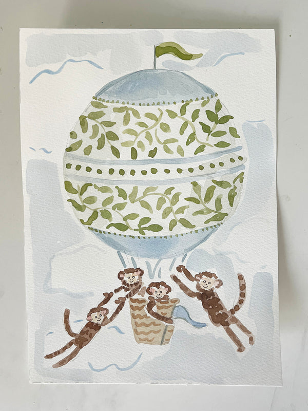 Hot Air Balloon Menagerie Monkeys, Original 7x10