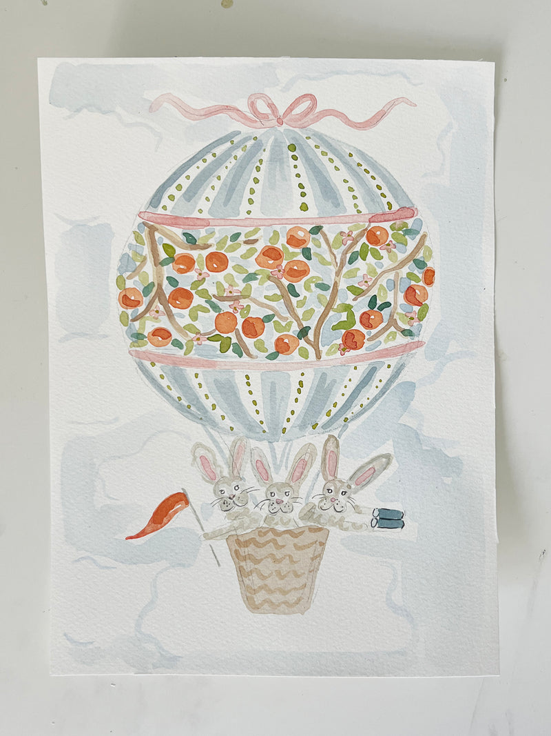 Hot Air Balloon Menagerie Bunnies, Original 7x10