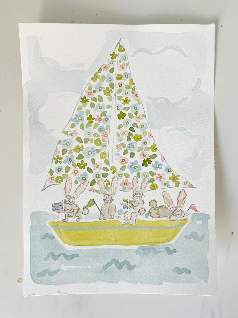 Sailboat Menagerie Bunnies, Original 7x10