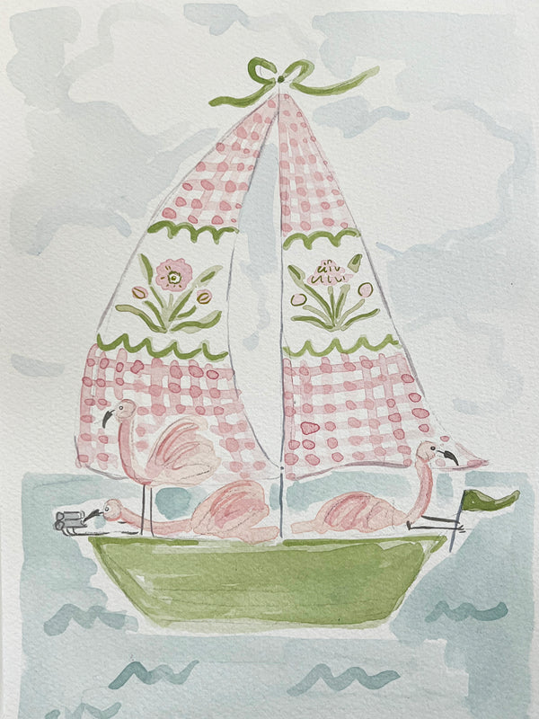 Sailboat Menagerie Flamingos, Original 7x10