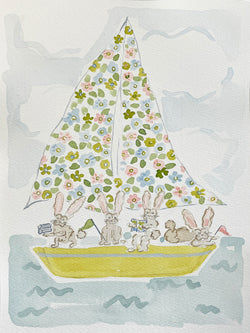 Sailboat Menagerie Bunnies, Original 7x10